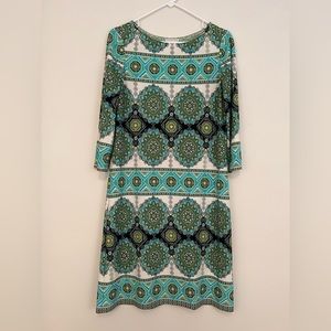 London Times Knee Length Shift Dress with 3/4 Length Sleeves